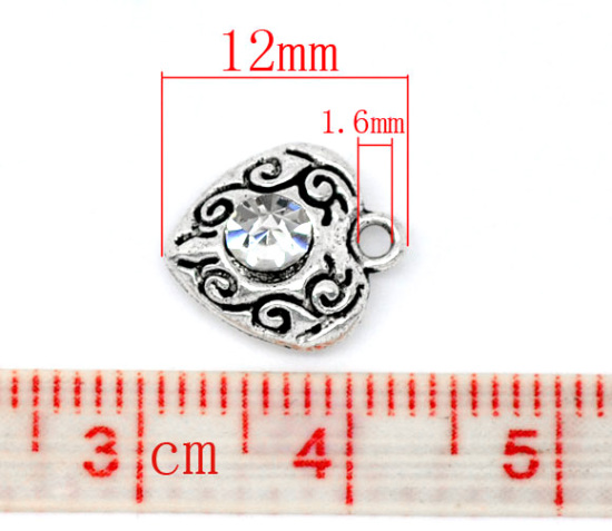 Picture of Antique Silver Color Rhinestone Love Heart Charm Pendants 12x10mm, sold per packet of 20