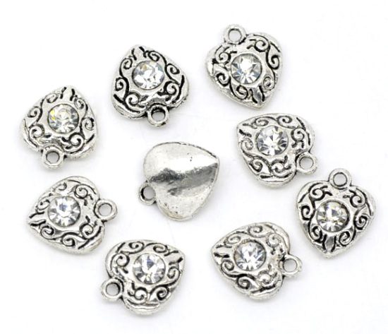 Picture of Antique Silver Color Rhinestone Love Heart Charm Pendants 12x10mm, sold per packet of 20