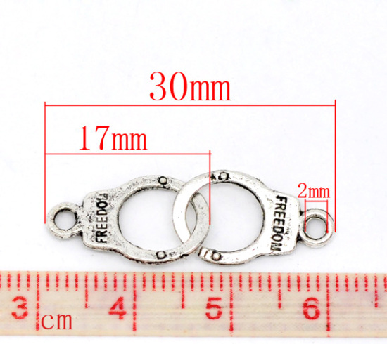 Picture of Antique Silver Color "Freedom" Handcuffs Charm Pendants 30x10mm, sold per packet of 50