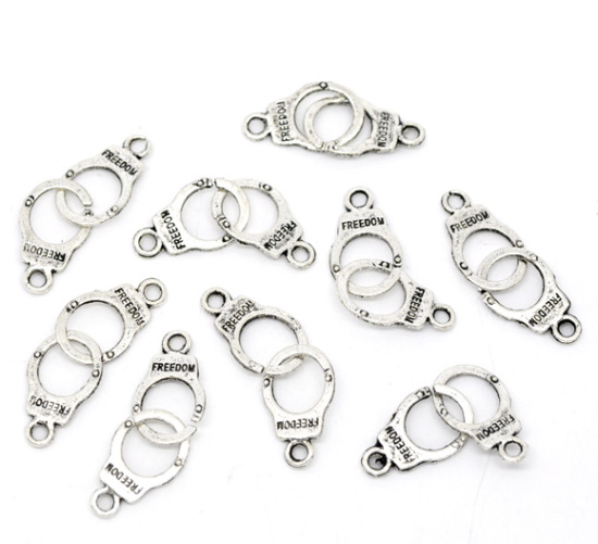 Picture of Antique Silver Color "Freedom" Handcuffs Charm Pendants 30x10mm, sold per packet of 50