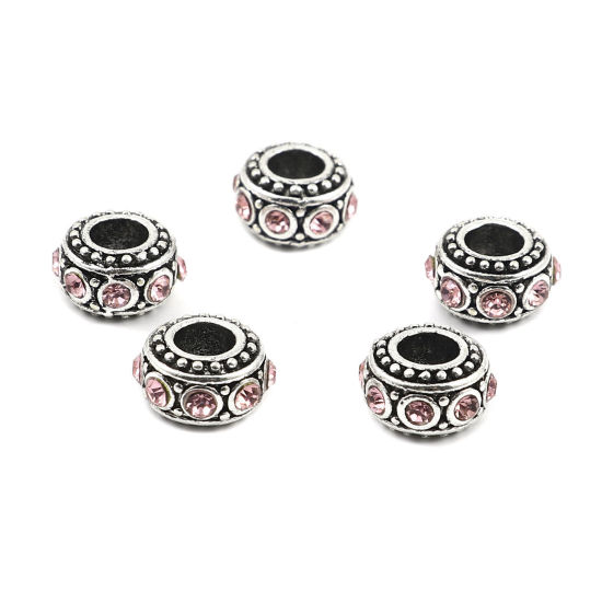 Immagine di 10 Pz Lega di Zinco Perline di Fascino con Foro Grande in Stile Europeo Argento Antico Tondo Polka Dot Rosa Chiaro Strass 11mm Dia., Foro:Circa 4.7mm