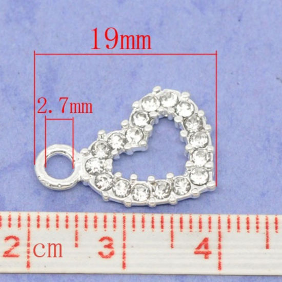 Immagine di Lega + Strass Charm Ciondoli Cuore Argento Placcato Nulla Disegno Bianco Strass 19.0mm x 13.0mm, 10 Pz