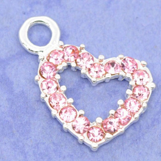 50 個 亜鉛合金 バレンタイン・デー チャーム 銀メッキ ハート ピンクラインストーン 19mm x 13mm、 の画像