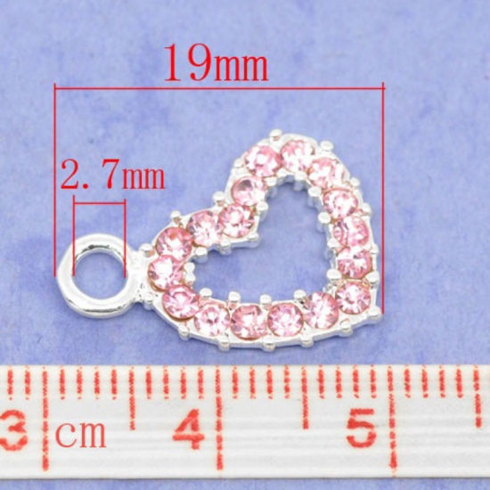 50 個 亜鉛合金 バレンタイン・デー チャーム 銀メッキ ハート ピンクラインストーン 19mm x 13mm、 の画像