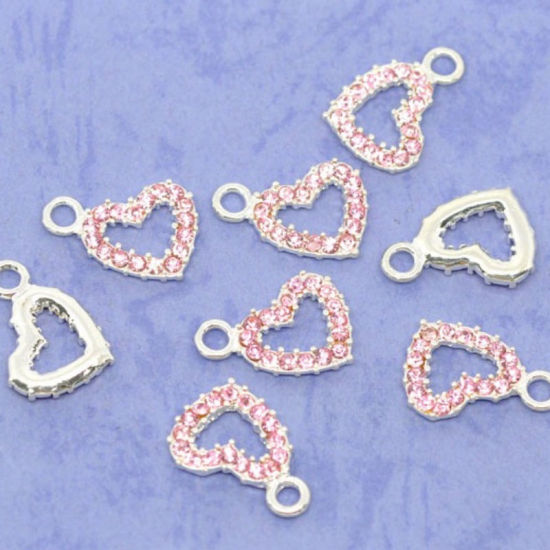 50 個 亜鉛合金 バレンタイン・デー チャーム 銀メッキ ハート ピンクラインストーン 19mm x 13mm、 の画像