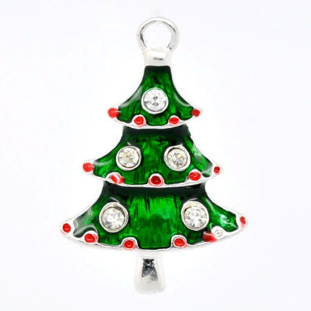 Bild von 50 Stück Zinklegierung Charms Versilbert Grün Weihnachten Weihnachtsbaum Emaille Transparent Strass 26mm x 17mm