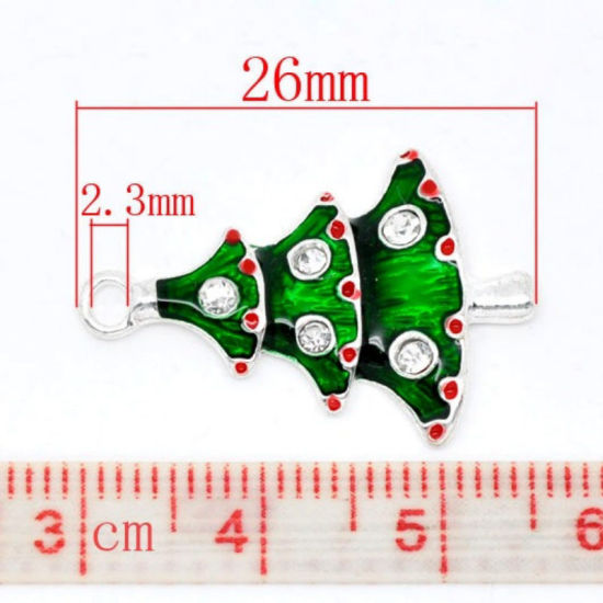 50 個 亜鉛合金 チャーム 銀メッキ 緑 クリスマスツリー 透明ラインストーン エナメル 26mm x 17mm、 の画像