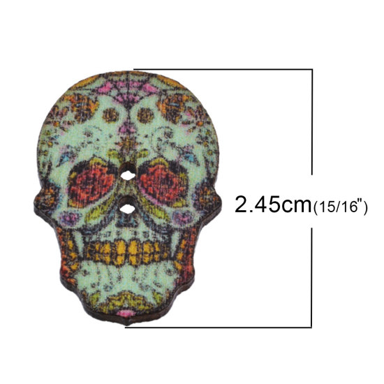 Bild von Natürliches Hinoki-Holz Tag der Toten Knöpfe für Aufnähen Scrapbooking 2 Löcher Zuckerschädel Zufällig Mix 24.5mm x 17.5mm, 50 Stücke