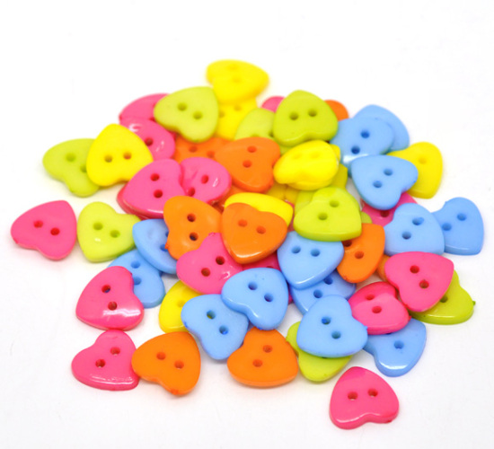 Picture of Acrylic Sewing Buttons Scrapbooking 2 Holes Heart Mixed 15x14mm( 5/8" x 4/8"), 100 PCs