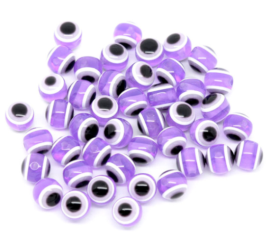 Image de Perle Bubblegum en Résine Balle Violet Œil Mauvais Rayés 10mm Dia, Taille de Trou: 2mm, 15 Pcs