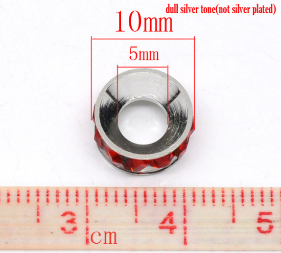 Picture of Copper European Style Large Hole Charm Rondelle Beads Round Silver Tone Red Rhinestone About 10mm x5mm, Hole: Approx 5mm, 10 PCs