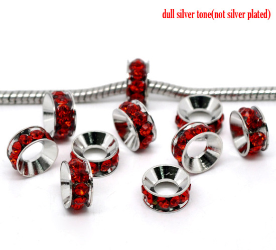 Picture of Copper European Style Large Hole Charm Rondelle Beads Round Silver Tone Red Rhinestone About 10mm x5mm, Hole: Approx 5mm, 10 PCs