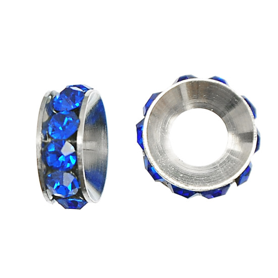 Picture of Copper European Style Large Hole Charm Rondelle Beads Round Silver Tone Blue Rhinestone About 10mm x5mm, Hole: Approx 5mm, 10 PCs