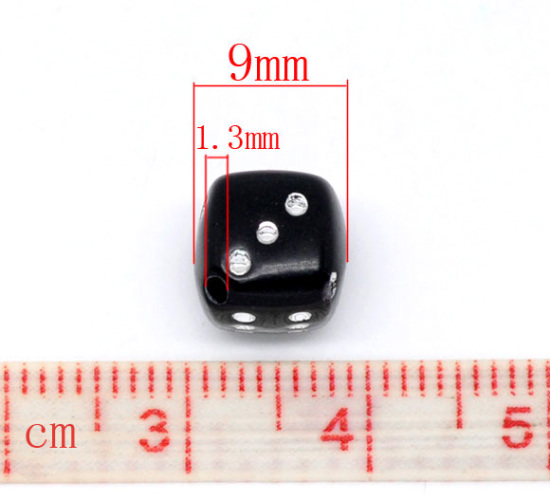 Immagine di Acrilato Separatori Perline Dadi Nero Polka Dot Disegno Circa 9mm x 9mm, Foro: Circa 1.3mm, 100 Pz