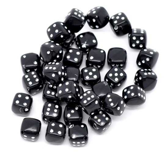 Immagine di Acrilato Separatori Perline Dadi Nero Polka Dot Disegno Circa 9mm x 9mm, Foro: Circa 1.3mm, 100 Pz