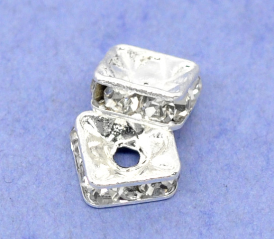 Picture of Brass Rondelle Spacer Beads Square Silver Plated Clear Rhinestone About 6mm( 2/8") x 6mm( 2/8"), Hole:Approx 1.2mm, 20 PCs                                                                                                                                    