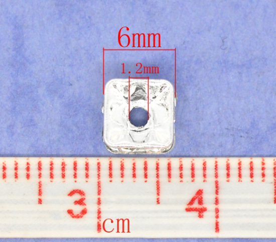 Bild von Messing Rondelle Spacer Perlen Zwischenperlen Quadrat Versilbert Weiß Strass ca. 6mm x 6mm, Loch:ca. 1.2mm, 20 Stück