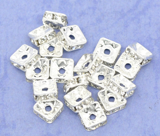 Bild von Messing Rondelle Spacer Perlen Zwischenperlen Quadrat Versilbert Weiß Strass ca. 6mm x 6mm, Loch:ca. 1.2mm, 20 Stück