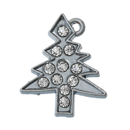 Imagen de Colgantes Aleación + Brillantito de Árbol Tono de Plata Rhinestone Blanco 22.0mm x 21.0mm, 10 Unidades 