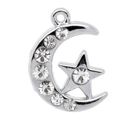 Picture of Zinc Based Alloy Charms Half Moon Silver Tone Star Carved Clear Rhinestone 20mm( 6/8") x 14mm( 4/8"), 10 PCs
