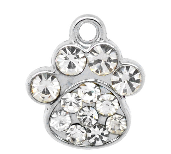 Picture of Silver Tone Rhinestone Bear's Paw Charm Pendants 18x16mm, sold per packet of 10