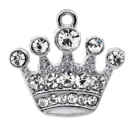 Imagen de Colgantes Aleación + Brillantito de Corona Tono de Plata Rhinestone Blanco 21.0mm x 20.0mm, 10 Unidades 