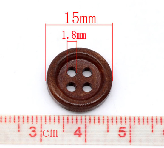 Imagen de Costura Botón Cuatro Agujeros Madera de Ronda,Café Oscuro 15mm Diámetro, 150 Unidades