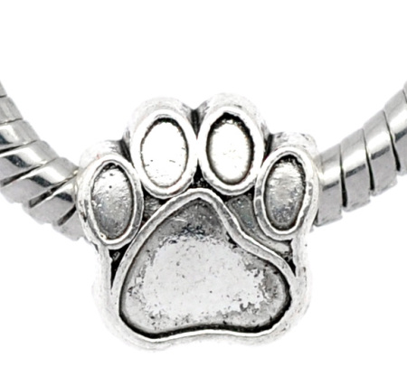 Bild von 20 Stück Zinklegierung Haustier Denkmal Charm-Perlen mit großem Loch im europäischen Stil Antiksilber Pfotenabdruck 11mm x 11mm, Loch: Ca. 4.8mm