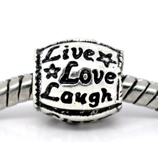 Image de 20 Pcs Perles à Gros Trou de Style Européen Énergie Positive en Alliage de Zinc Argent Vieilli Tonneau Message" Live Love Laugh " 10mm x 10mm, Trou: Environ 4.8mm