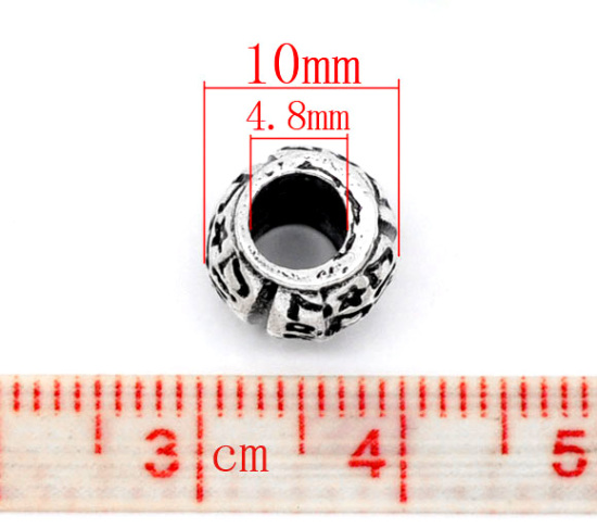 Image de 20 Pcs Perles à Gros Trou de Style Européen Énergie Positive en Alliage de Zinc Argent Vieilli Tonneau Message" Live Love Laugh " 10mm x 10mm, Trou: Environ 4.8mm