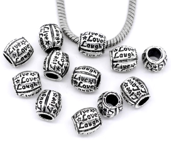 Image de 20 Pcs Perles à Gros Trou de Style Européen Énergie Positive en Alliage de Zinc Argent Vieilli Tonneau Message" Live Love Laugh " 10mm x 10mm, Trou: Environ 4.8mm