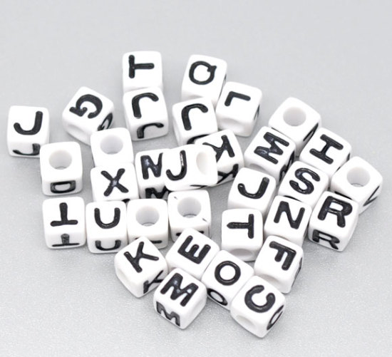 Picture of Acrylic Spacer Beads Cube White At Random Mixed Alphabet/ Letter "A-Z" About 7mm x 7mm, Hole: Approx 3.8mm, 300 PCs