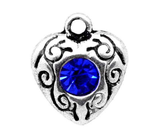 Imagen de Colgantes Aleación + Brillantito de Corazón Plata Antigua Rhinestone Azul marino 12.0mm x 10.0mm, 20 Unidades 