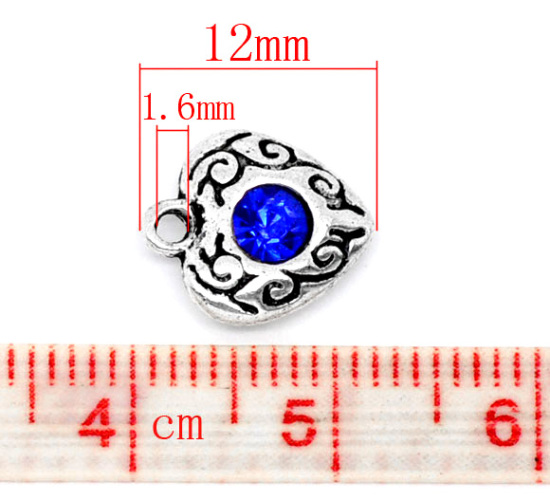Imagen de Colgantes Aleación + Brillantito de Corazón Plata Antigua Rhinestone Azul marino 12.0mm x 10.0mm, 20 Unidades 