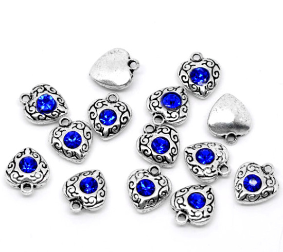 Imagen de Colgantes Aleación + Brillantito de Corazón Plata Antigua Rhinestone Azul marino 12.0mm x 10.0mm, 20 Unidades 
