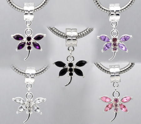 Acrylic European Style Large Hole Charm Dangle Beads Dragonfly Silver Plated Mixed Color Rhinestone 31mm x 20mm, 10 PCs