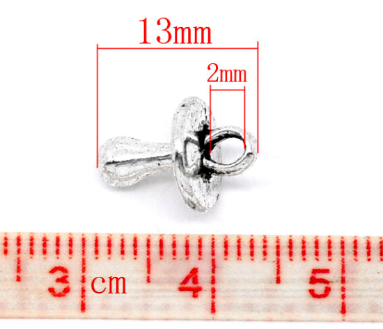 Picture of Zinc Metal Alloy 3D Charm Pendants Baby Pacifier Antique Silver Color 13mm( 4/8") x 9mm( 3/8"), 50 PCs