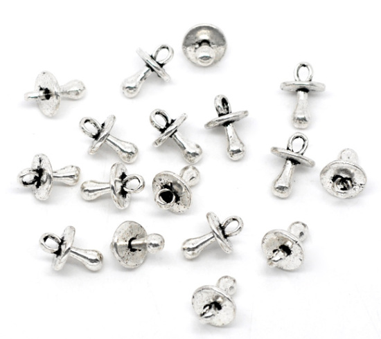 Picture of Zinc Metal Alloy 3D Charm Pendants Baby Pacifier Antique Silver Color 13mm( 4/8") x 9mm( 3/8"), 50 PCs