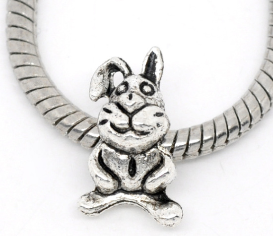 Bild von 30 Stück Zinklegierung Ostertag Charm-Perlen mit großem Loch im europäischen Stil Antiksilber Hase 3D 17mm x 10mm, Loch: Ca. 4.6mm