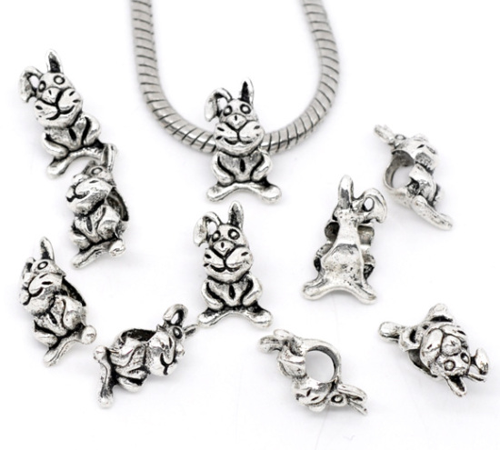 Bild von 30 Stück Zinklegierung Ostertag Charm-Perlen mit großem Loch im europäischen Stil Antiksilber Hase 3D 17mm x 10mm, Loch: Ca. 4.6mm