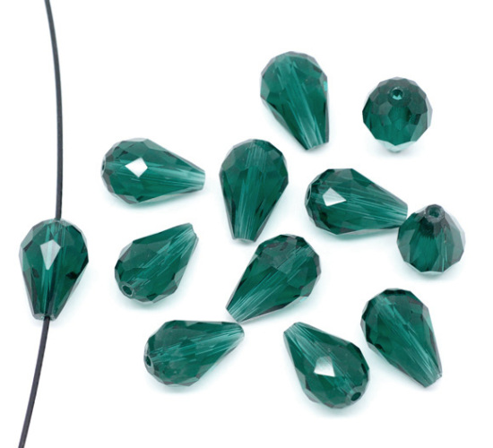 Image de Perles Cristales en Verre Goutte d'Eau Vert Malachite Transparent à Facettes 14mm x 10mm, Taille de Trou: 1.3mm, 30 Pcs