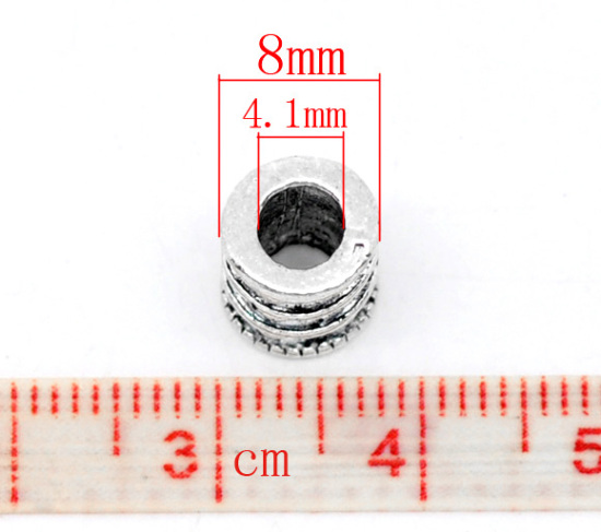 亜鉛合金 スペーサー ビーズ 円筒形 銀古美 リップル柄 約10mm x 8mm、穴：約3.5mm、 20 PCs の画像