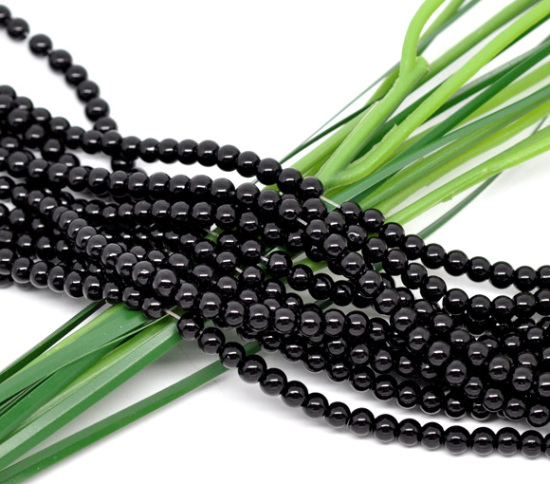 Picture of Glass Pearl Imitation Beads Round Black About 4mm Dia, Hole: Approx 1mm, 82cm long, 5 Strands (Approx 210 PCs/Strand)