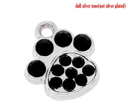 Imagen de Colgantes Aleación + Brillantito de Pata de oso Tono de Plata Rhinestone Negro 18.0mm x 16.0mm, 10 Unidades 