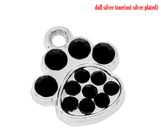 Immagine di Lega + Strass Charm Ciondoli Zampa d'Orso Tono Argento Nulla Disegno Nero Strass 18.0mm x 16.0mm, 10 Pz