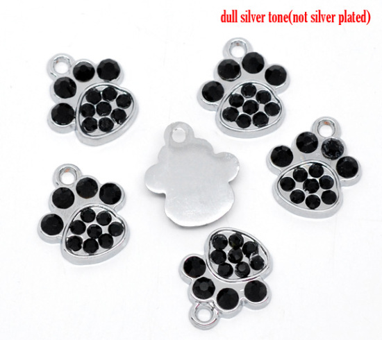 Immagine di Lega + Strass Charm Ciondoli Zampa d'Orso Tono Argento Nulla Disegno Nero Strass 18.0mm x 16.0mm, 10 Pz