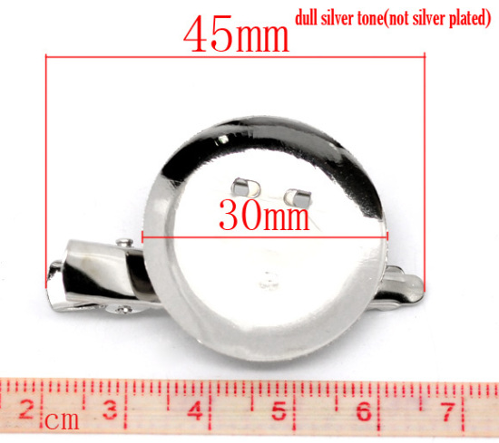 Picture of Alloy Alligator Prong Clip & Pin Brooches Round Silver Tone Cabochon Setting (Fits 28mm Dia.) 4.5cm(1 6/8") x 3cm(1 1/8"), 20 PCs