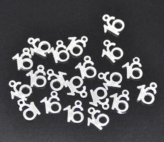 Bild von Zinklegierung Nummer "16" Anhänger Versilbert 13x10mm.Verkauft eine Packung mit 50 Stücke