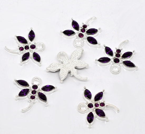 Picture of Silver Plated Rhinestone Dragonfly Charm Pendants 20x19mm, sold per packet of 10