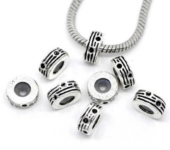 Picture of Zinc Metal Alloy European Style Large Hole Charm Beads Round Antique Silver Stripe & Dot Carved Inlaid Diomands With Rubber Stopper Core About 11mm Dia, Hole: Approx 5.5mm, 10 PCs